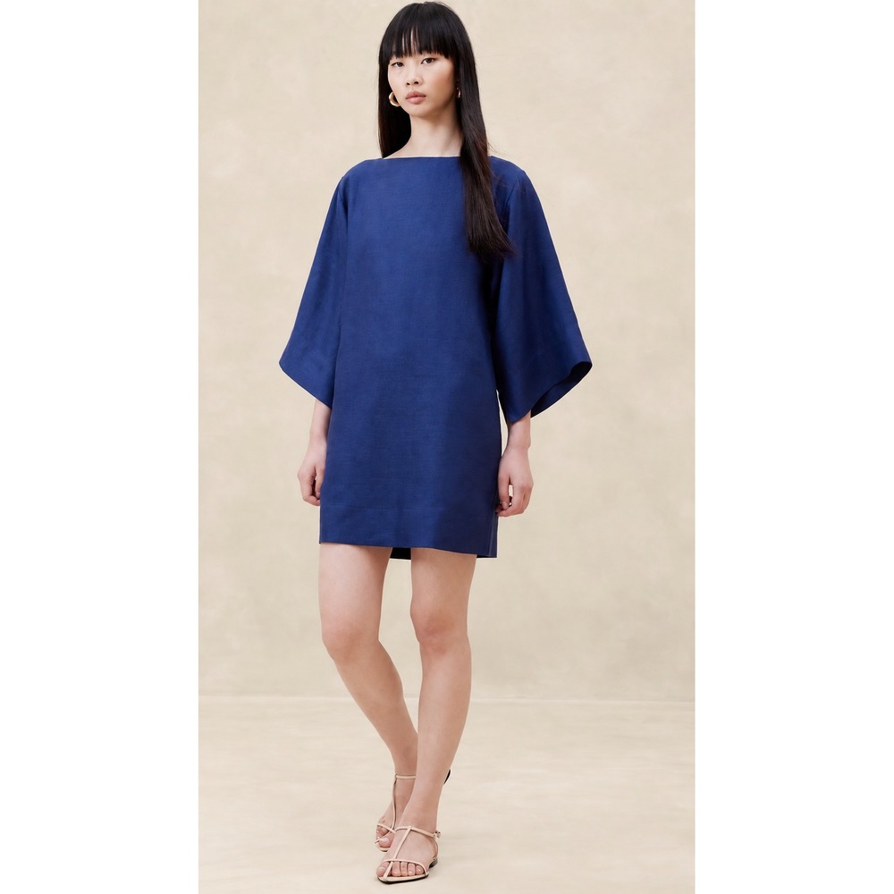 Banana Republic Ella Linen Dress Women 6 Blue Boat Neck 3/4 Sleeve Minimalist